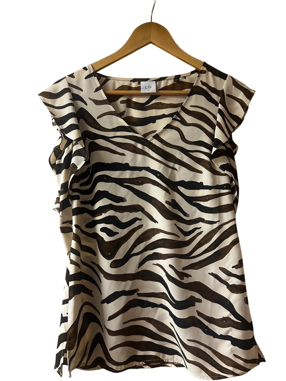 CAbi Brown & Cream Zebra-Stripe V-Neck Flutter Sleeve Blouse